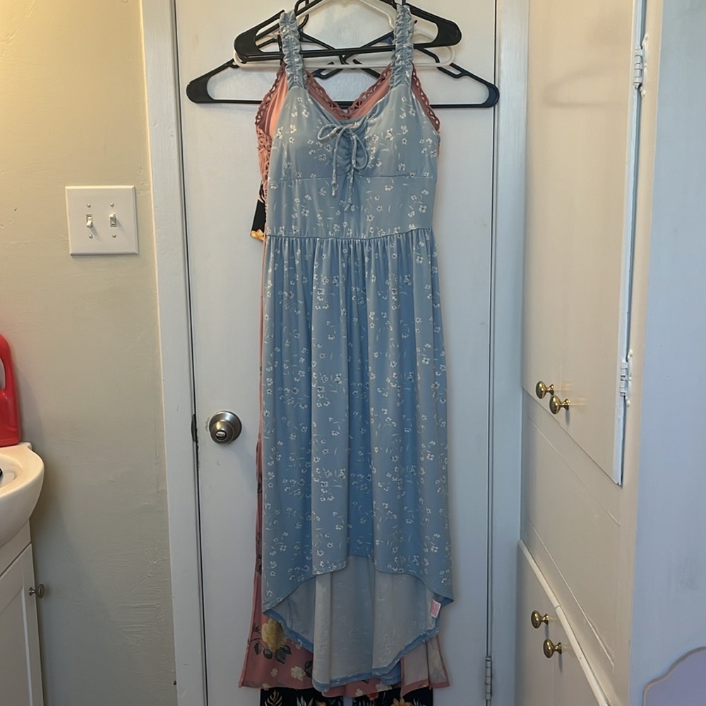SZ L blue summer dress scunchy straps with little either flowers high low A